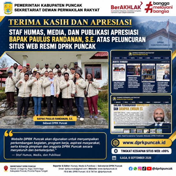 STAF HUMAS, MEDIA, DAN PUBLIKASI DPRK PUNCAK APRESIASI SEKRETARIS DEWAN ATAS PELUNCURAN SITUS WEB RESMI DPRK PUNCAK